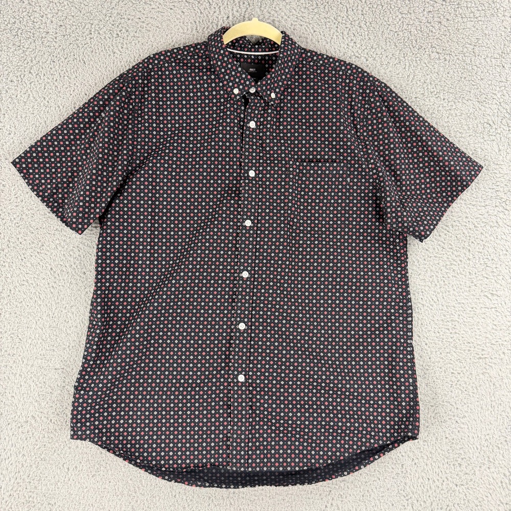 Obey Mens XL Black Geometric Print Short Sleeve Button Down Cotton Woven Shirt